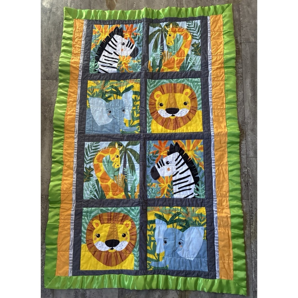 Baby Safari Zoo Nursery Quilt Blanket Jungle Giraffe Monkey Handmade 28" X 42"